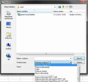 Otevření souboru v OO.org Cacl. Zvolte Soubory typu: Všechny soubory
