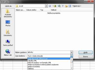 Uložení souboru. Jako Typ souboru zvolte Sešit Microsoft Office Excel
